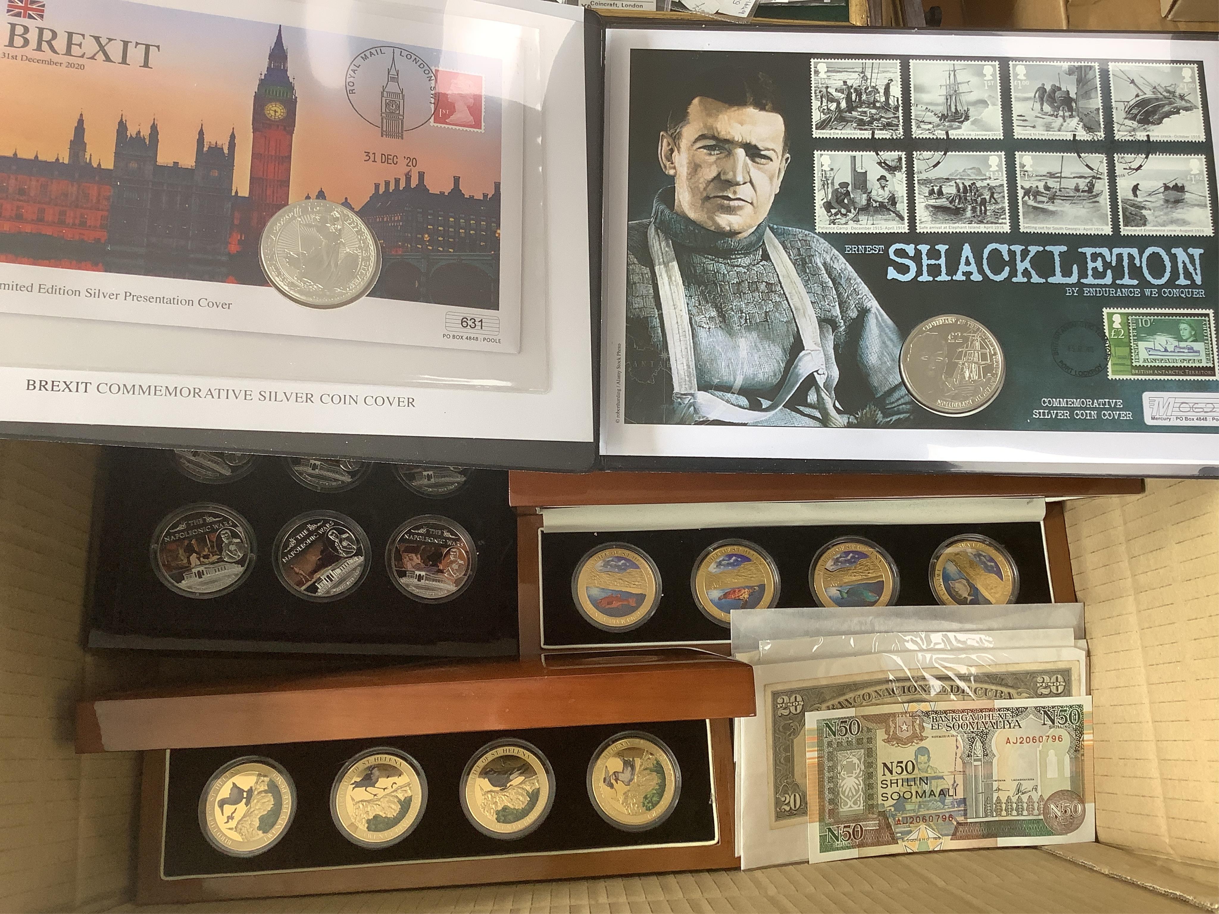 World and British coins, Fantasy Euro Coins 2005-2006, each piece uniface, struck on an oversized blank, Westminster mint; Shackleton silver coin cover, Brexit limited edition commemorative silver coin cover, Bird life o